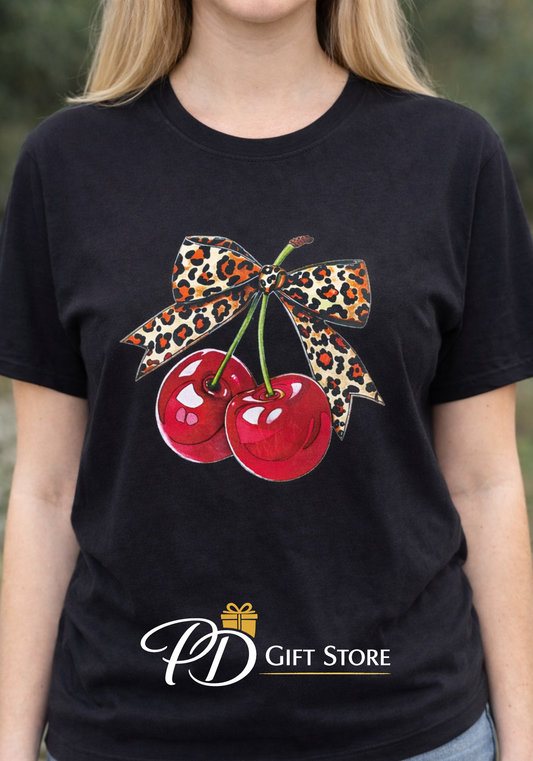 Leopard print Bow and red cherry t-shirt black  Small - 5XL