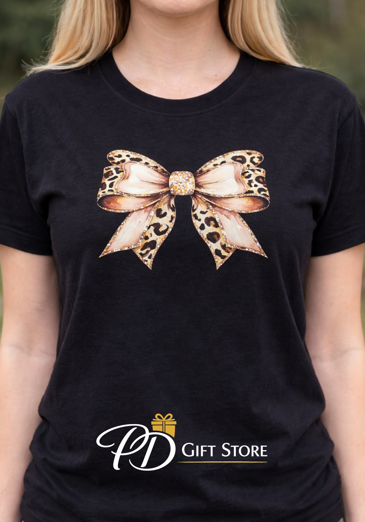 Leopard print pink bow t-shirt black or white Small - 5XL