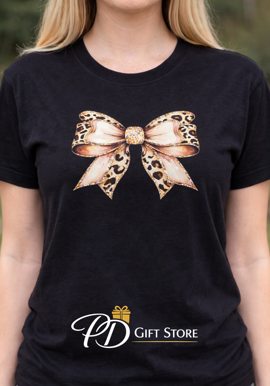 Leopard print pink bow t-shirt black or white Small - 5XL