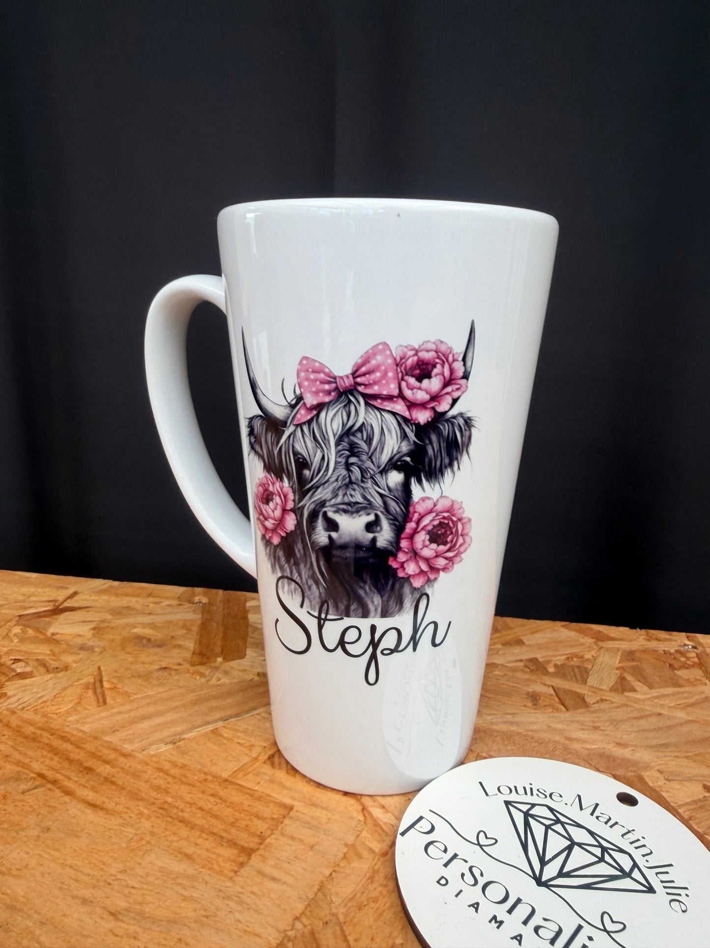 Personalised highland cow pink carnations 17oz latte mug