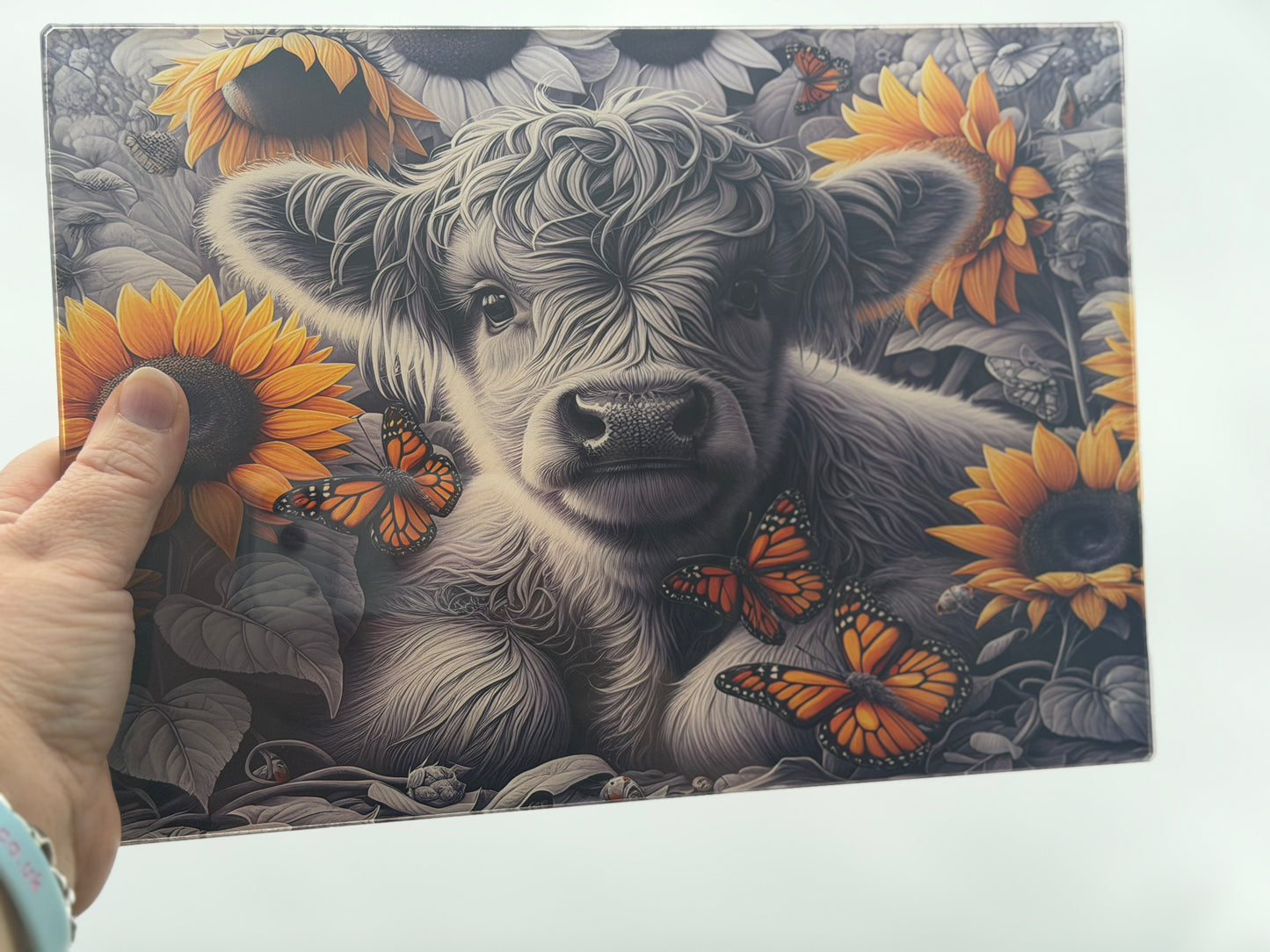 Highland cow A4 glass chopping board