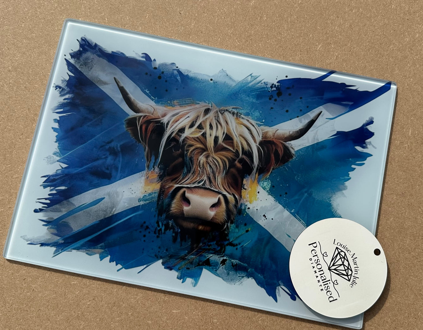 Scottish Highland cow A4 glass chopping board