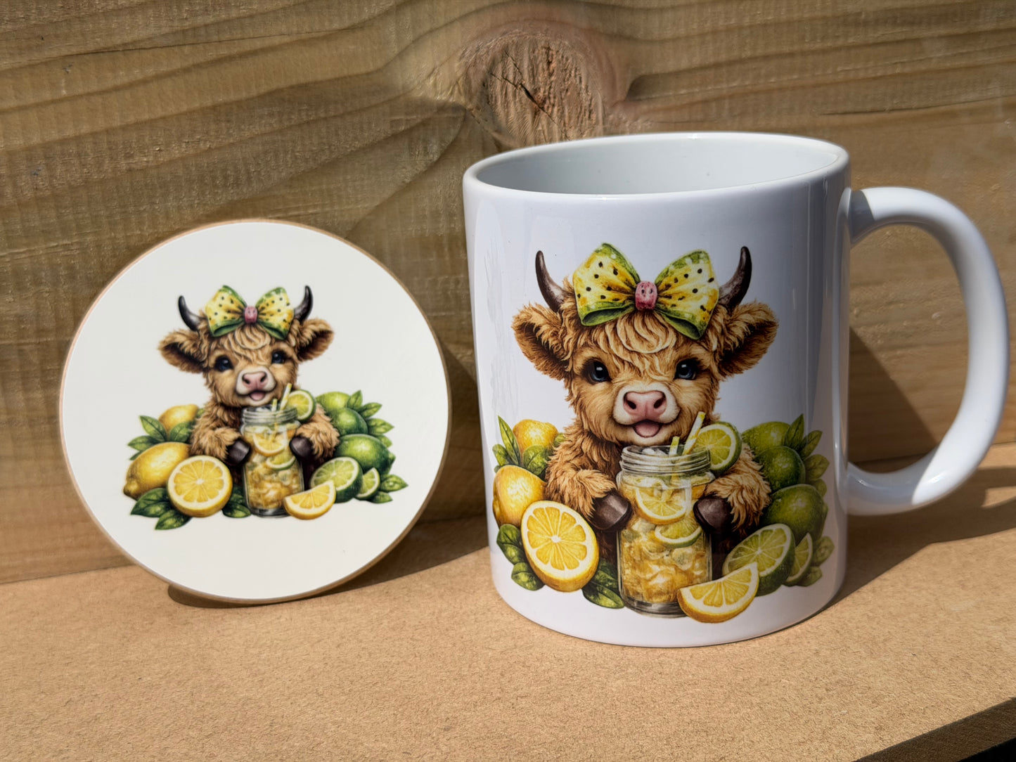 Lemon and lime  highland cow mug and coaster set