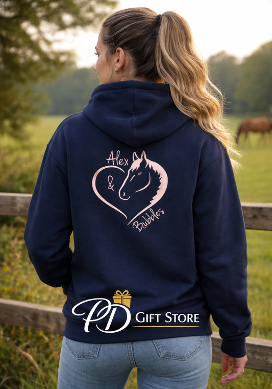 Personalised Horse Pony Riding Hoodie, front and back, horse lover gift