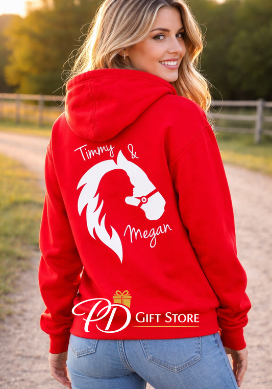 personalised Horse Riding Hoodie, front or back, horse lover gift