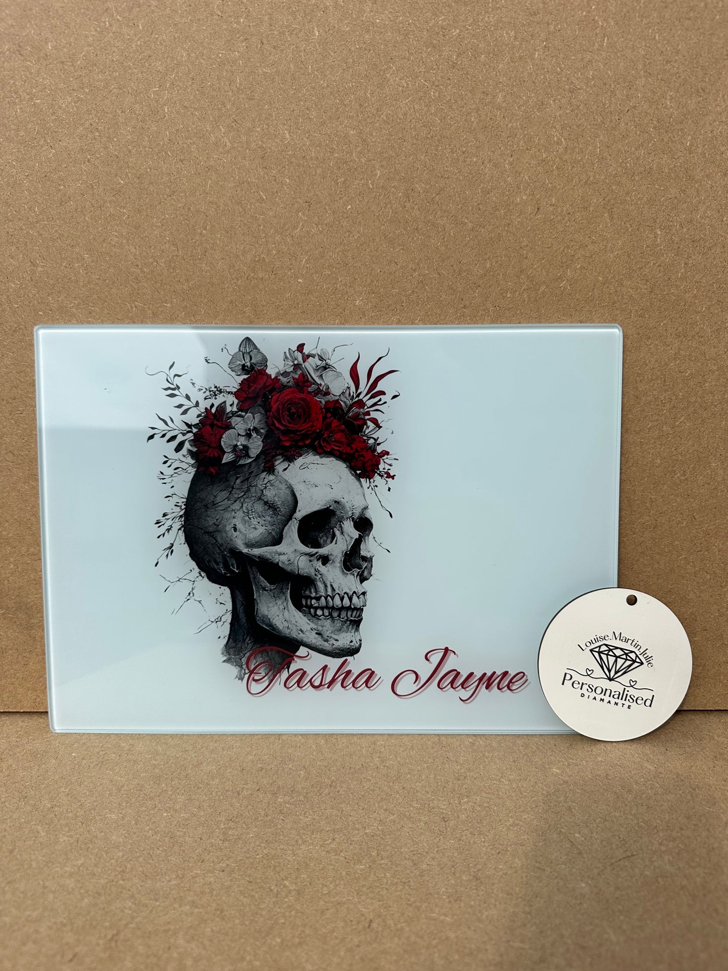 Skull chopping board A4 glass personalised