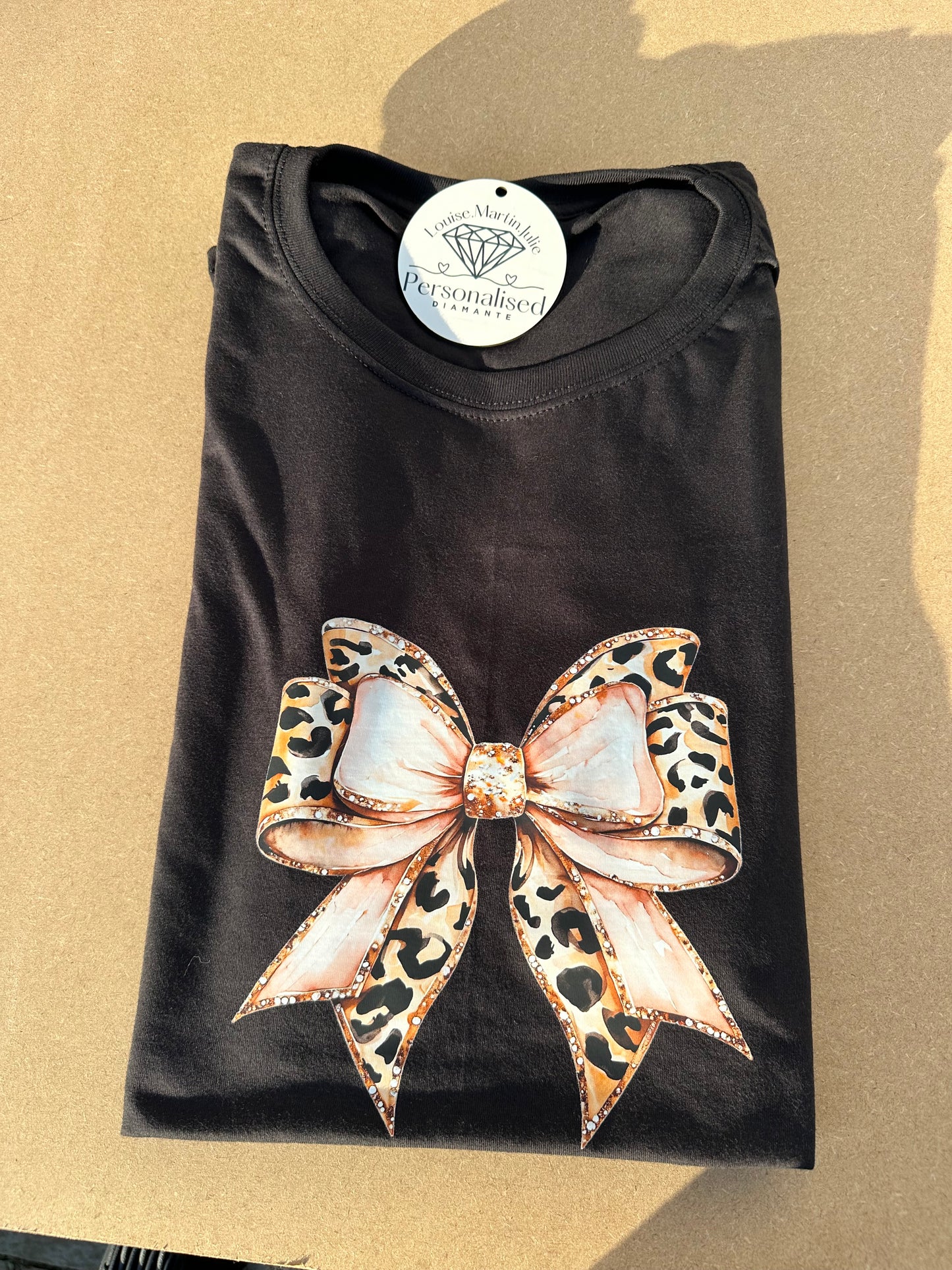 Leopard print pink bow t-shirt black or white Small - 5XL