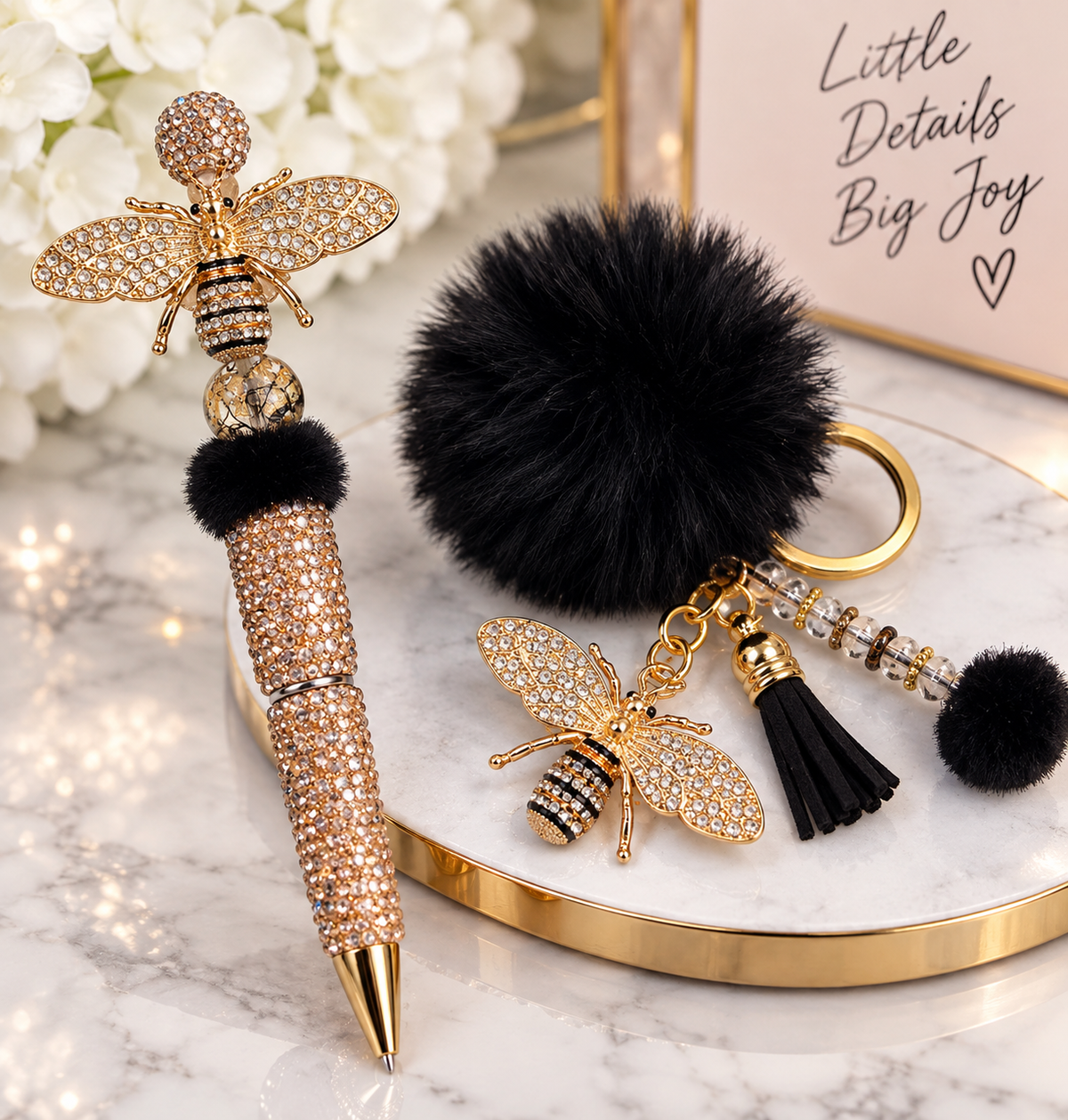 Luxury gold bee bling pen and key ring set