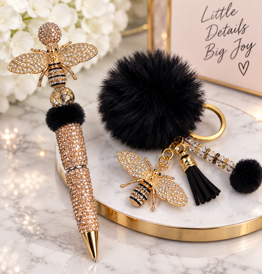 Luxury gold bee bling pen and key ring set