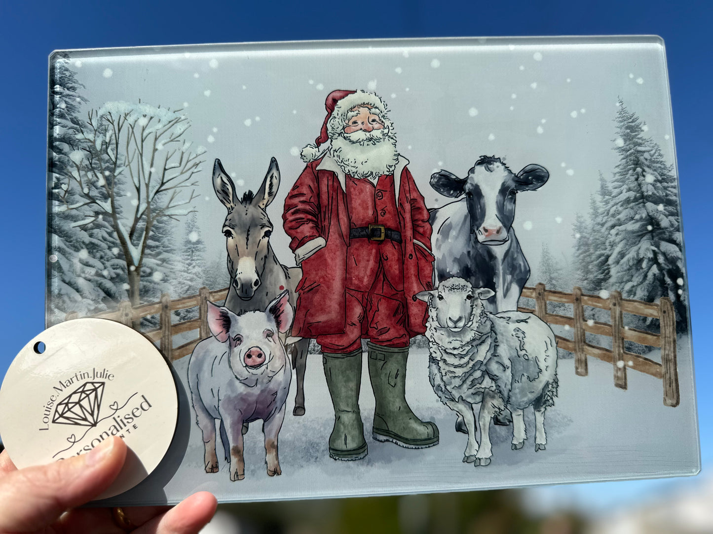 Farmer and animals Christmas A4 glass chopping board