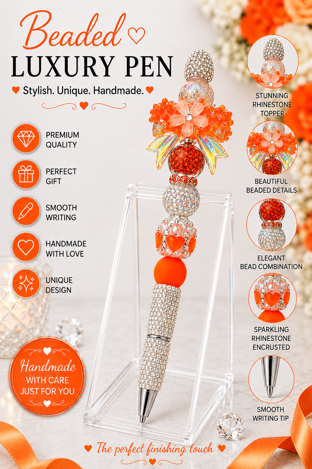 Luxury neon orange bow pen