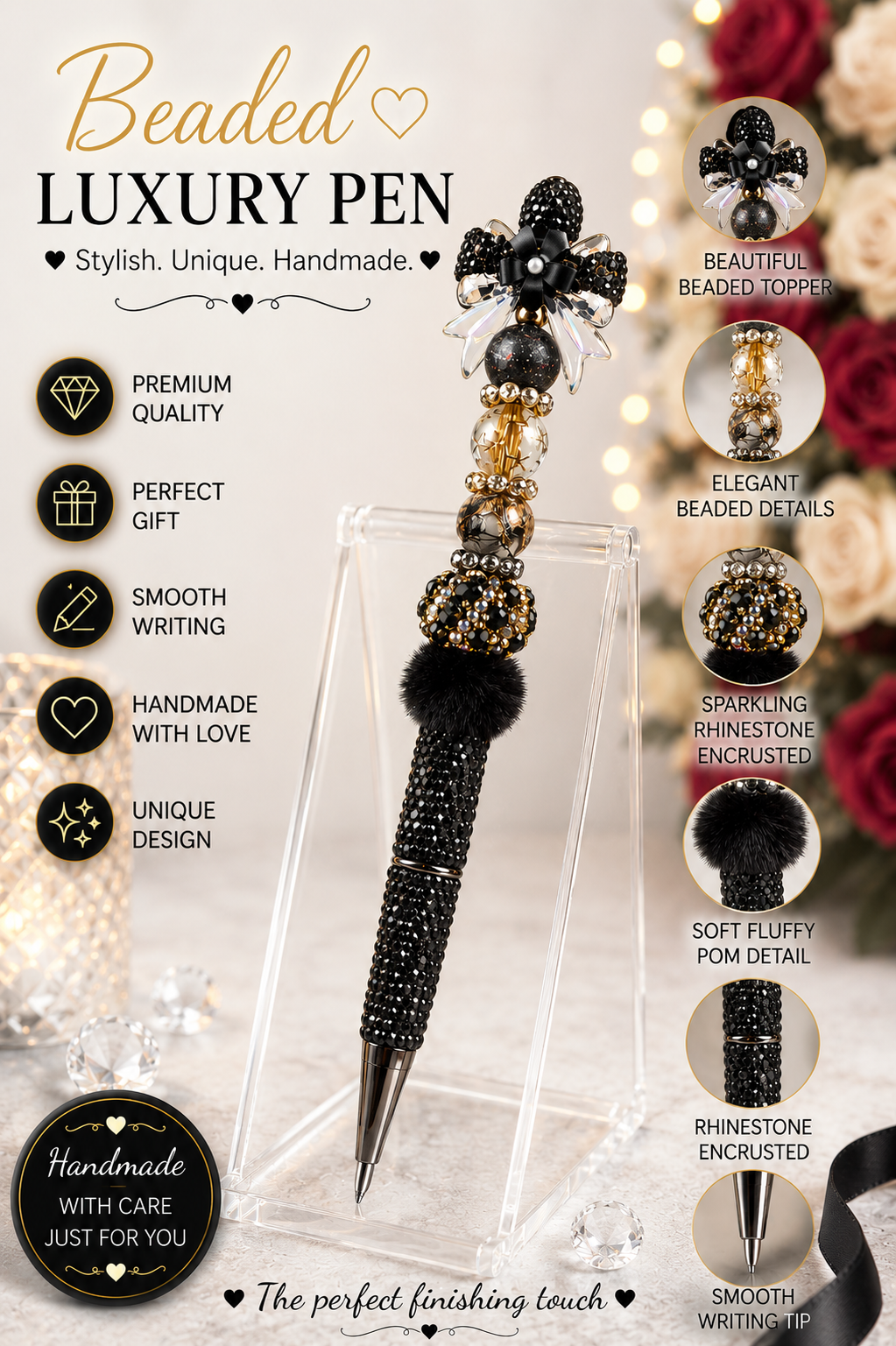 Luxury Black and gold bow pen