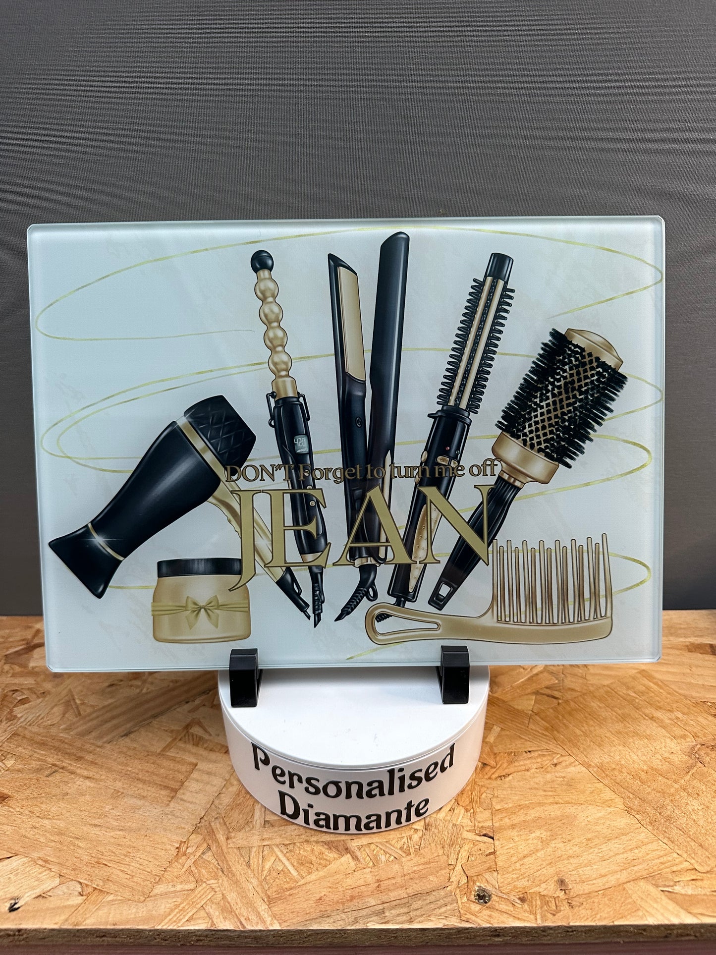 Gold and black Glass Heat Protector Board for Hair Straighteners and Make Up in Bedroom