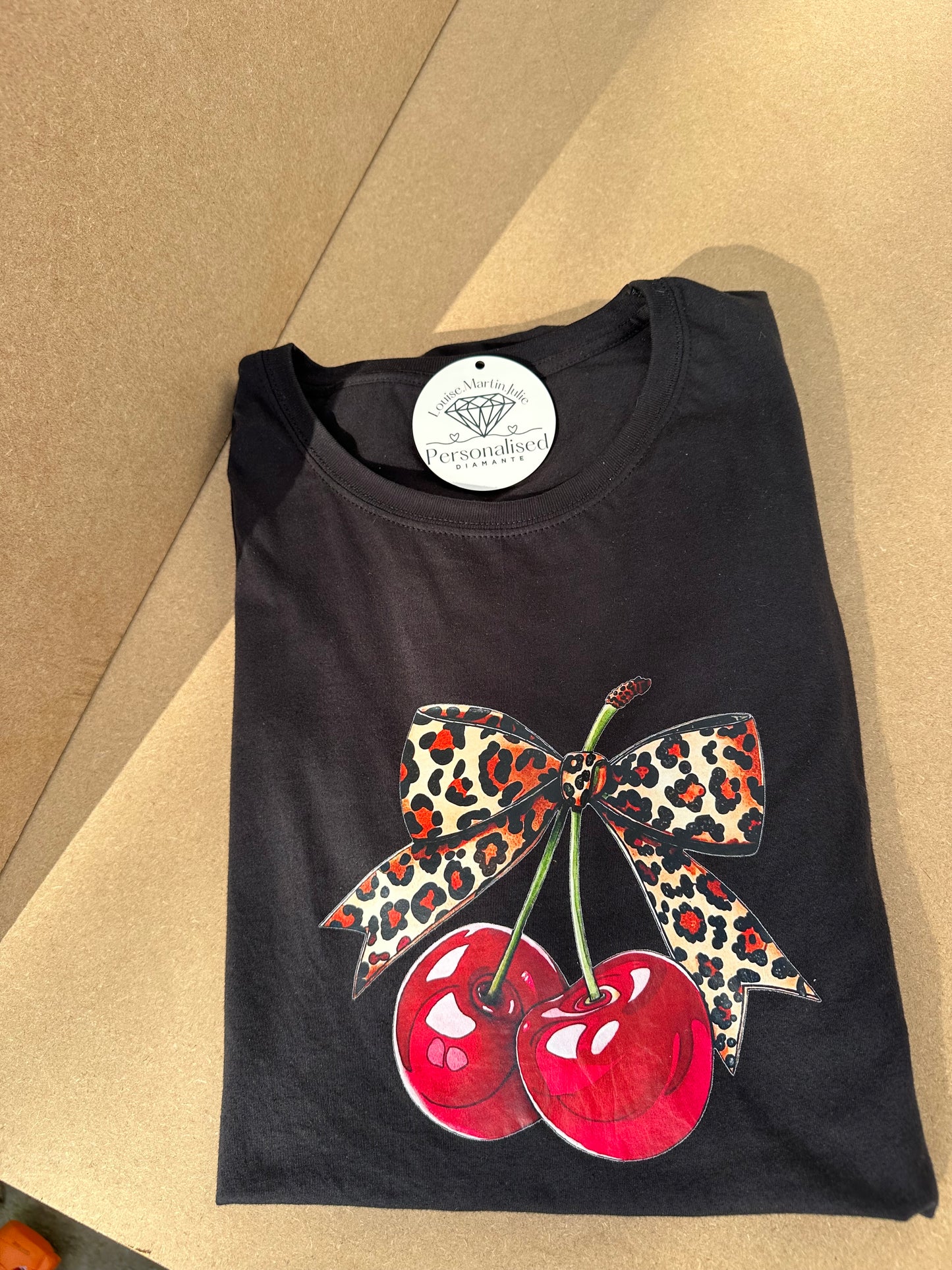 Leopard print Bow and red cherry t-shirt black  Small - 5XL