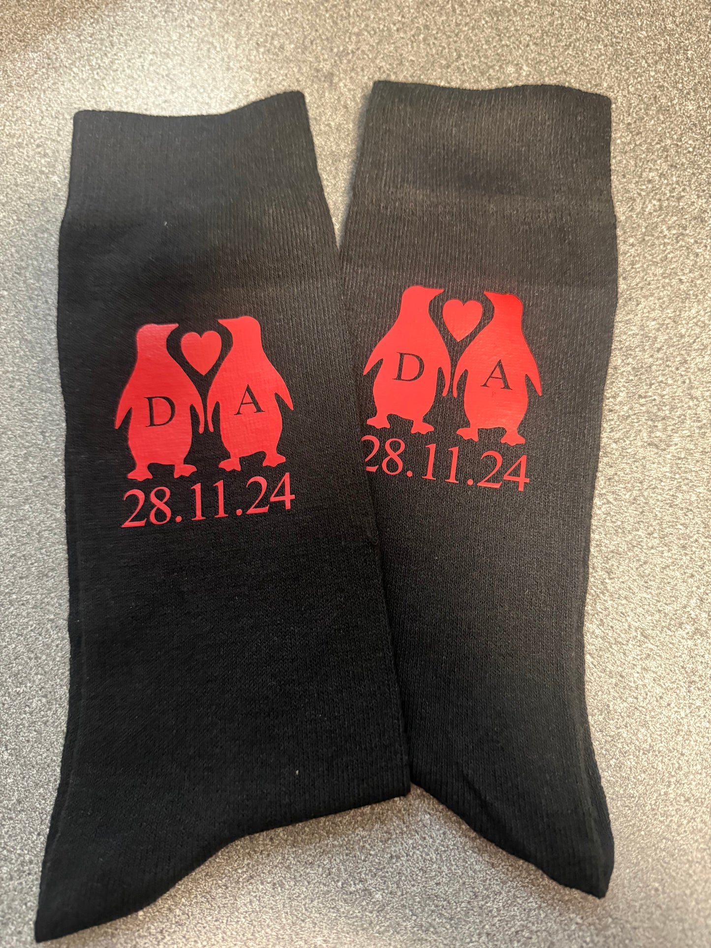 Initial and date penguin socks