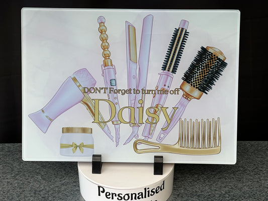 Lilac and gold Glass Heat Protector Board for Hair Straighteners and Make Up in Bedroom