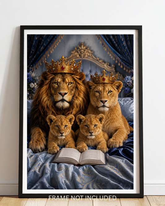Bedroom Lion Family Blue A4 print