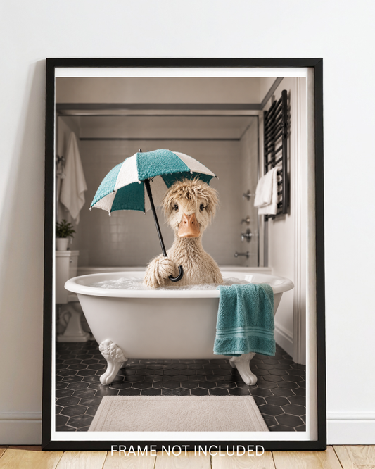 Teal duck in the bath A4 print wall art