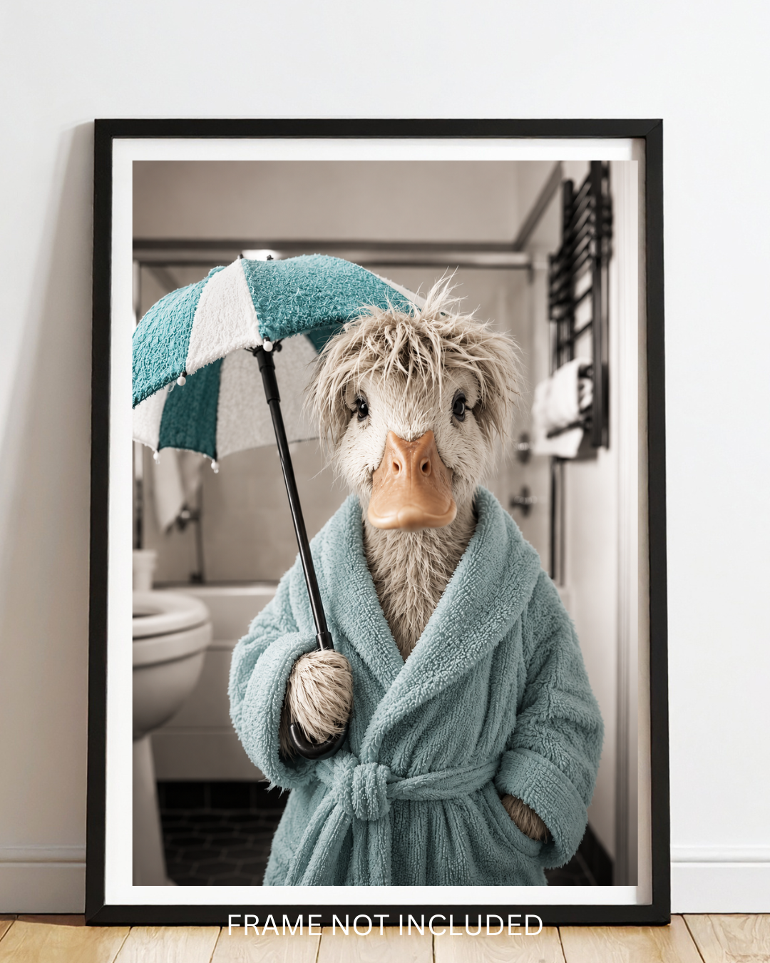 Teal duck in the bathrobe A4 print wall art