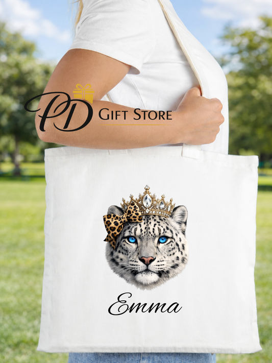 Personalised Snow leopard with blue eyes shopping tote bag
