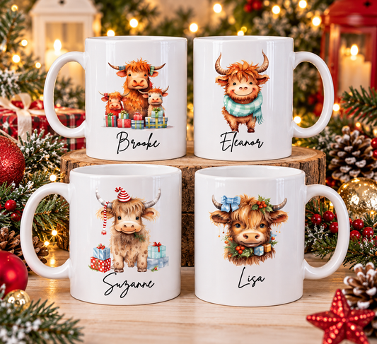 Personalised Highland cow christmas mug