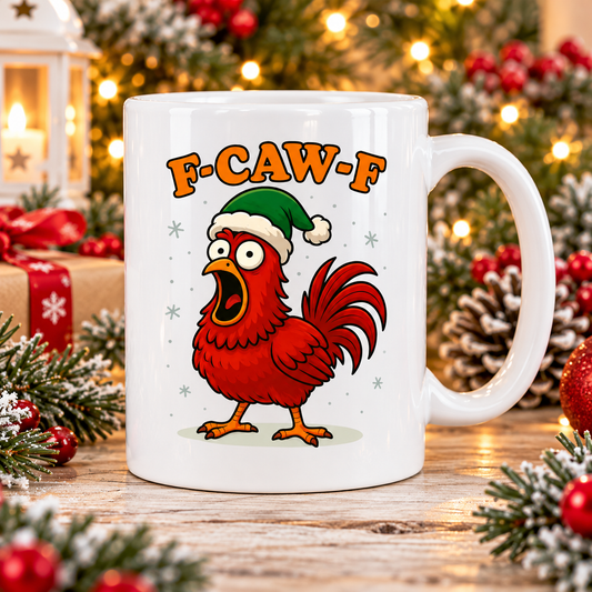 Funny Christmas Chicken Mug – “F-CAW-F” Rooster Coffee Cup