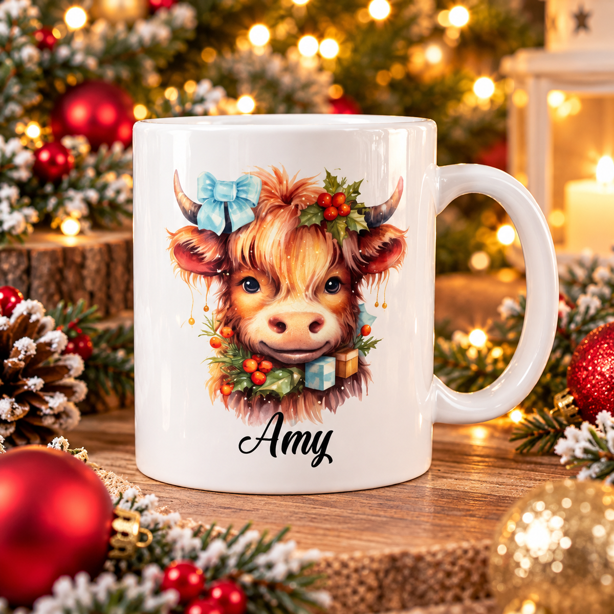 Personalised Highland cow christmas mug