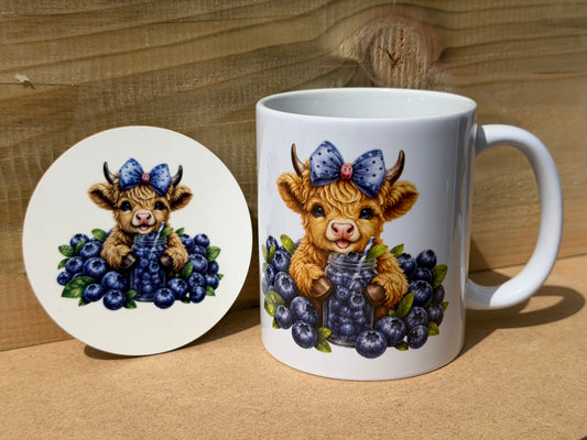 Blueberry highland cow mug and coaster set