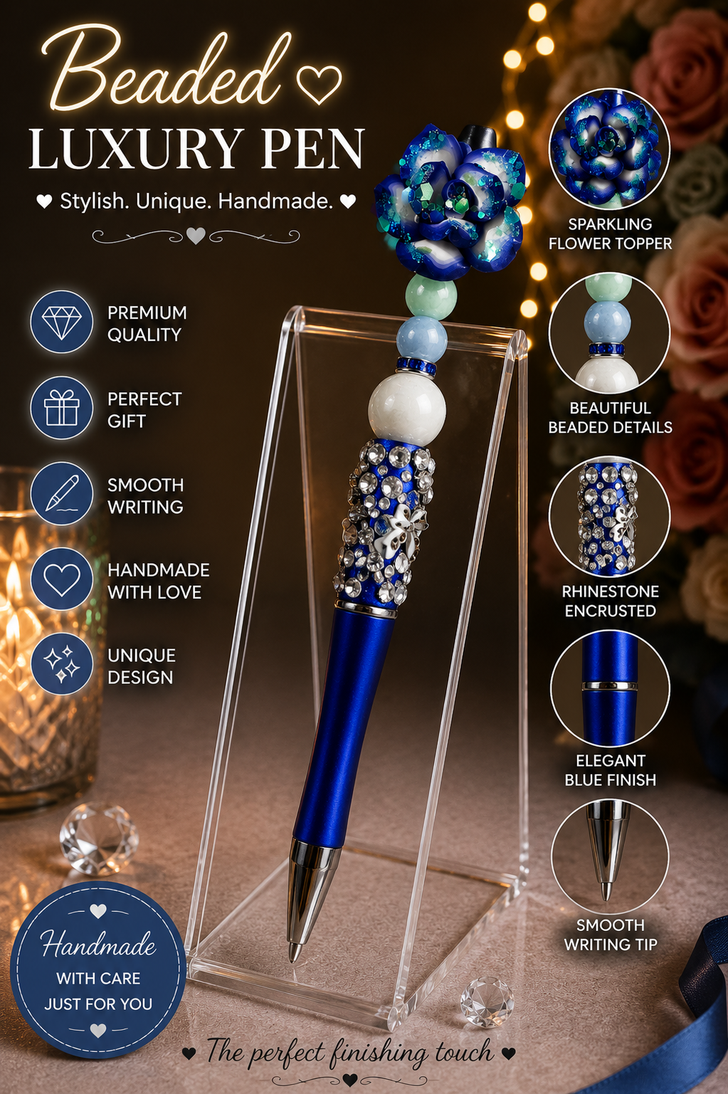 Blue rose bead pen