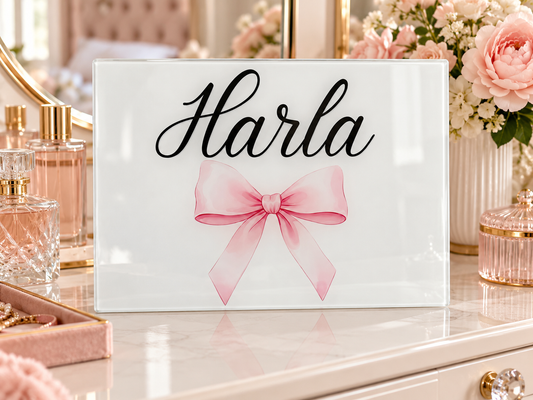Pink and black bow personalised vanity board A4