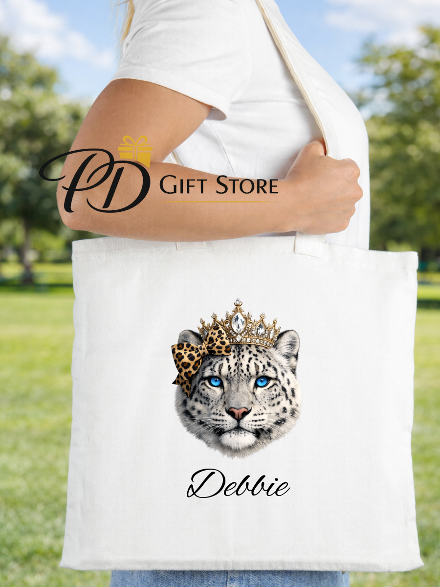 Personalised Snow leopard with blue eyes shopping tote bag
