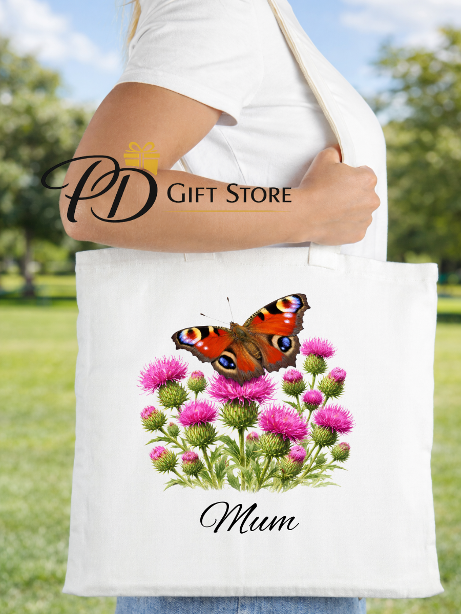 Personalised butterfly flower tote shopping bag