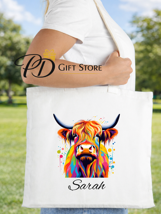 personalised highland cow tote shopping bag