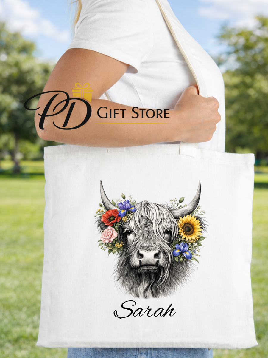 personalised highland cow tote shopping bag