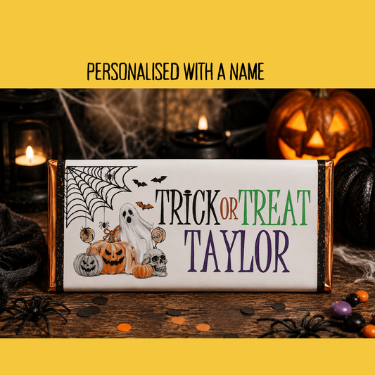 Halloween chocolate bar wrapper personalised with a name