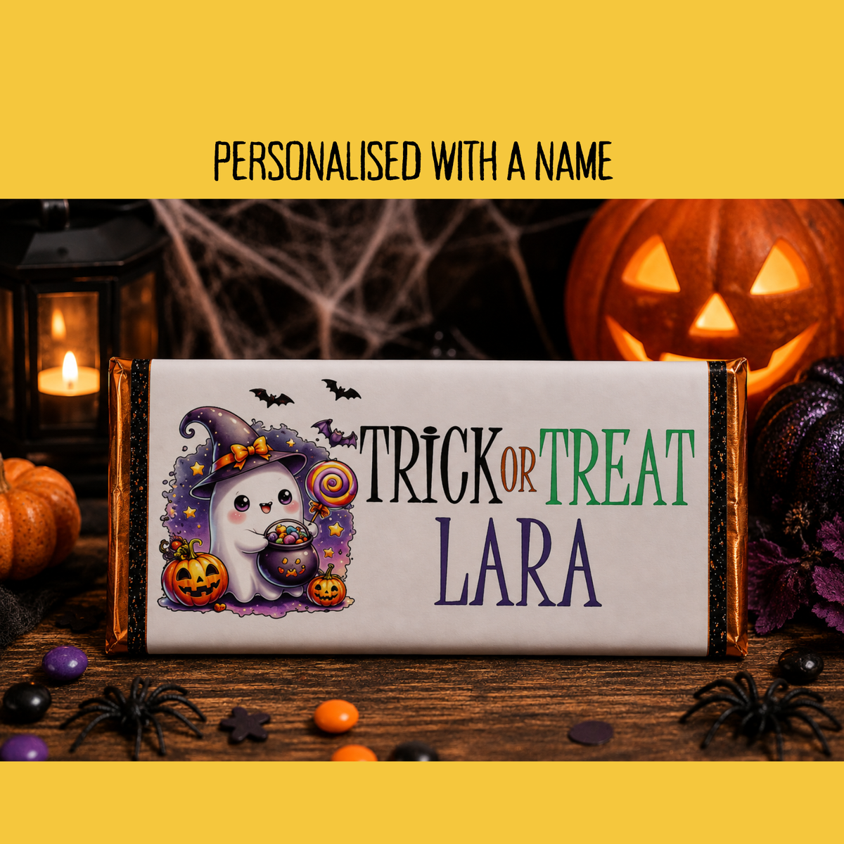 Halloween chocolate bar wrapper personalised with a name