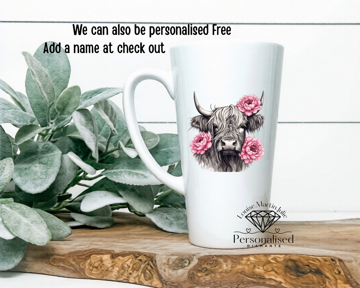 Highland cow pink carnations  17oz latte mug No bow
