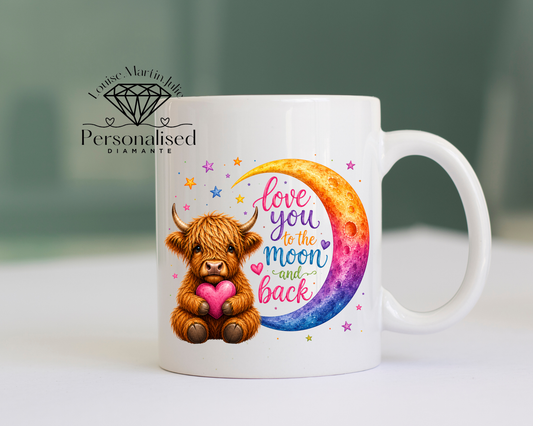 Highland cow love you to the moon and back 11 oz ceramic mug