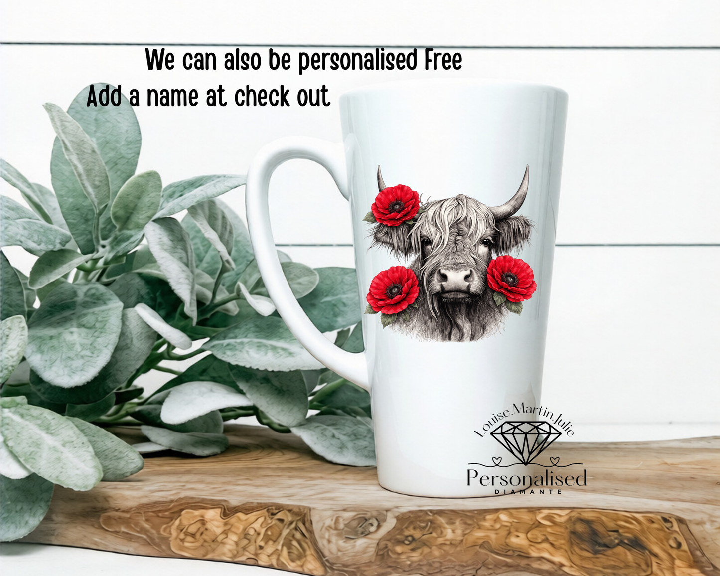 Red Poppy Highland cow pink carnations  17oz latte mug