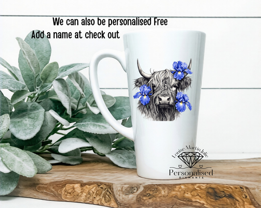 Blue iris  Highland cow  17oz latte mug