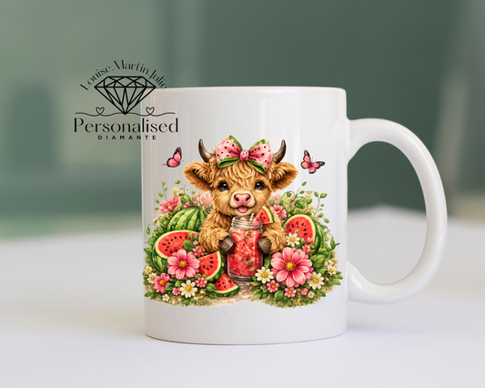 Water melon  highland cow 11 oz ceramic mug