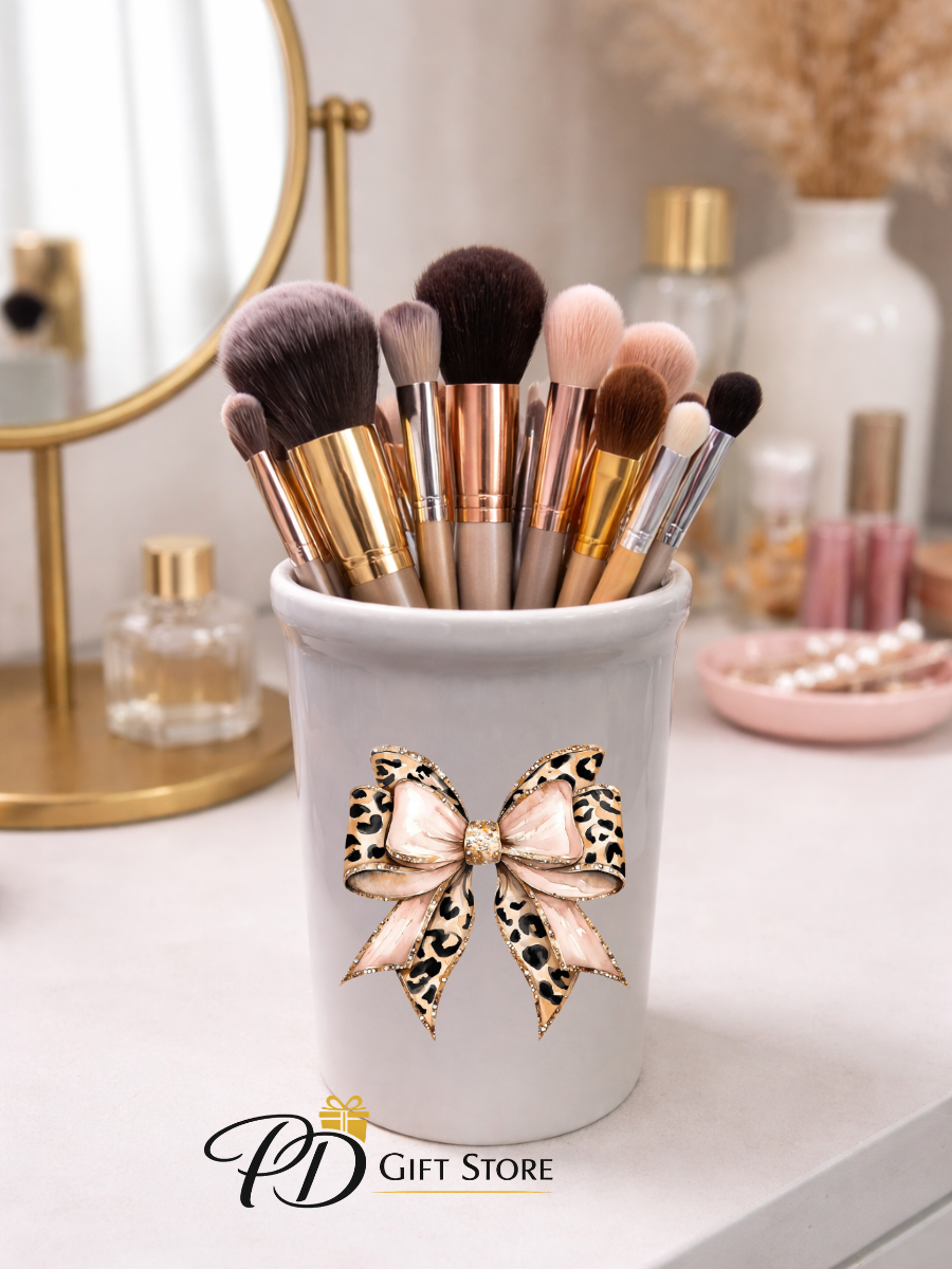 Ceramic make-up Pot 15oz leopard print bow