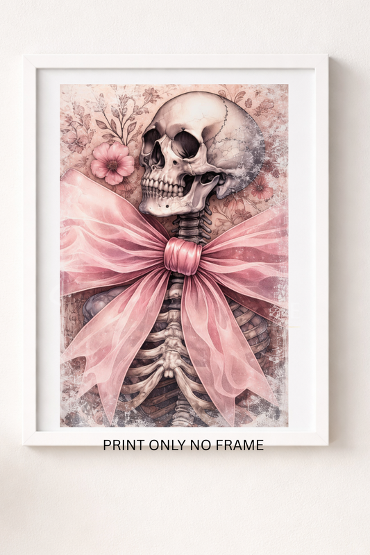 Gothic Skellington pink bow A4 print
