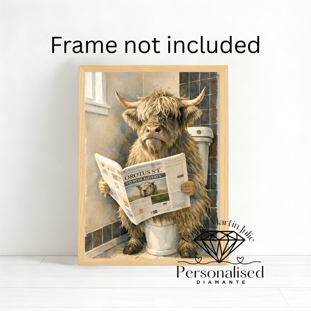 Highland cow print Funny bathroom highland cow on toilet Print Picture Poster Unframe A4
