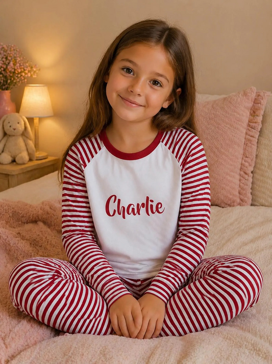 Personalised red striped Christmas pyjamas, Birthday Girl , Sleepover Squad, girls pyjamas