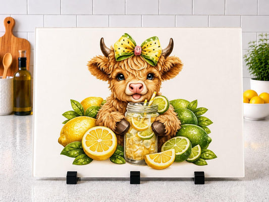 Lemon and lime highland cow chopping board A4 or A3 Glass