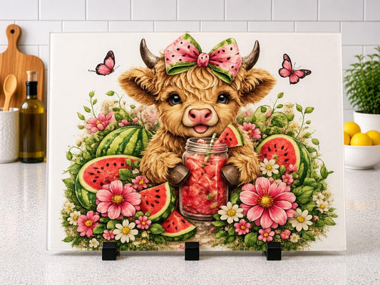 Water melon highland cow chopping board A4 or A3 Glass