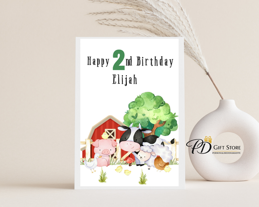 Kids farm scene Birthday day card any age and name