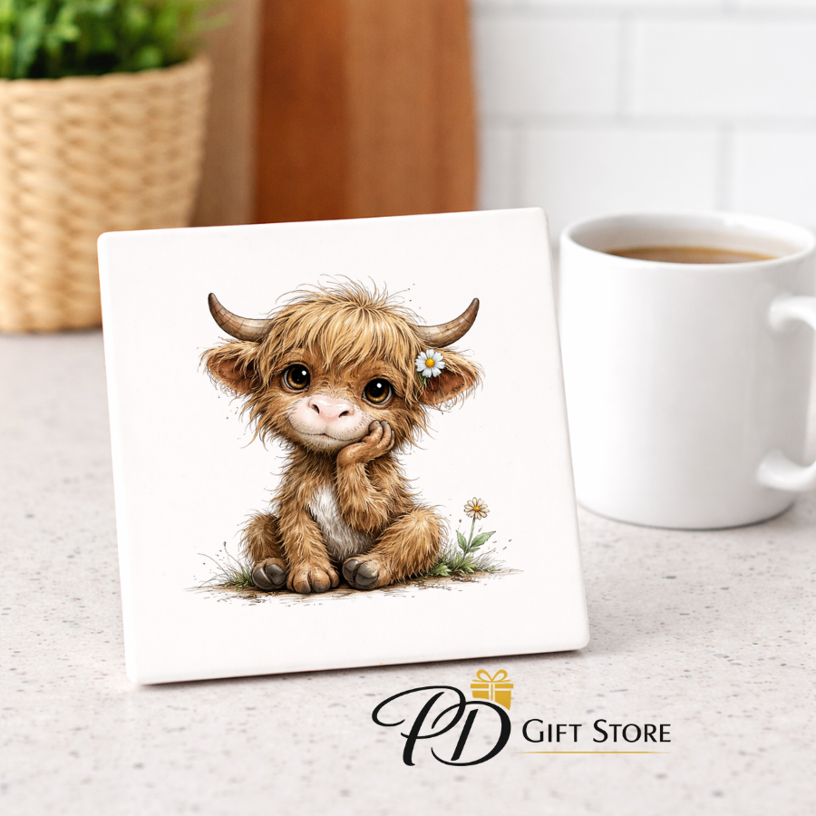 Ceramic square highland cow coaster