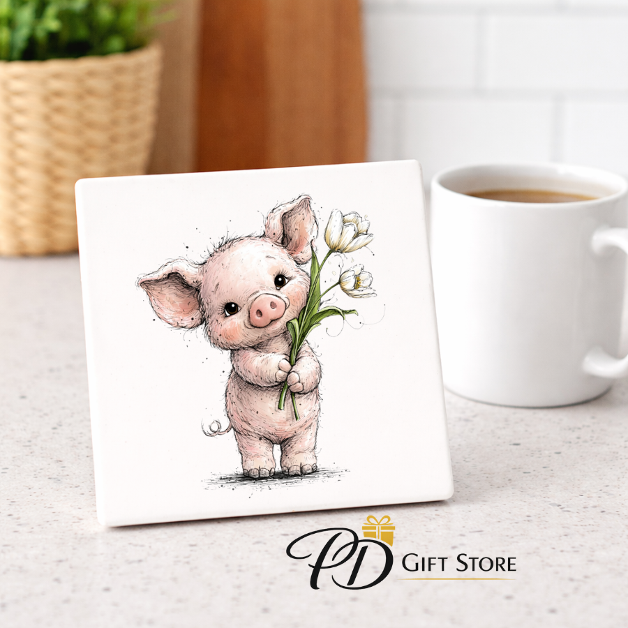 Ceramic square coaster with cute Pig